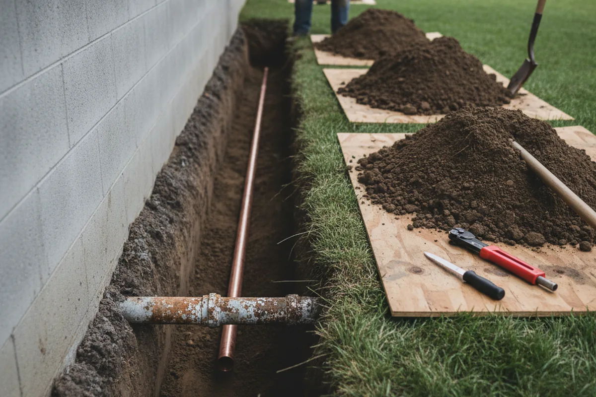 Excavated water line trench during Water Heater Repair in Peckville